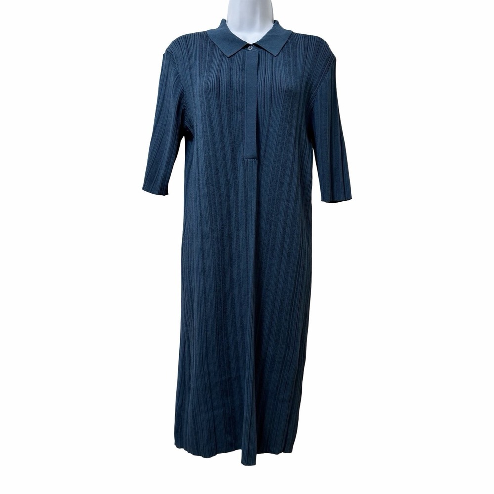 COS Ribbed Polo‎ Knit Short Sleeve Fitted Sweater Dress Size M Blue Knee Length